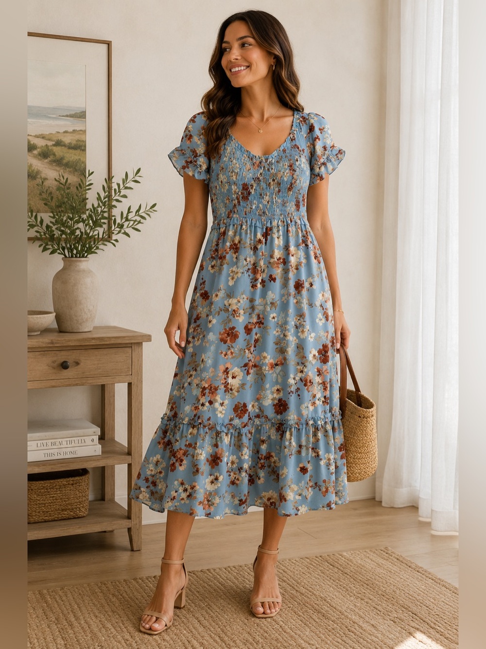 Blue Floral Smocked Midi Dress Puff Sleeve Cottagecore Prairie Boho Medium